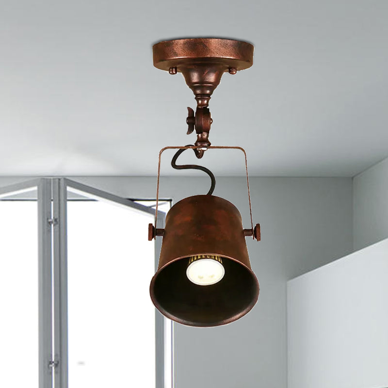 Bucket Shade Living Room Ceiling Lamp Antique Style Metal 1 Bulb Black/Rust Rotatable Semi Flush Pendant Light Clearhalo 'Ceiling Lights' 'Close To Ceiling Lights' 'Close to ceiling' 'Semi-flushmount' Lighting' 1719640