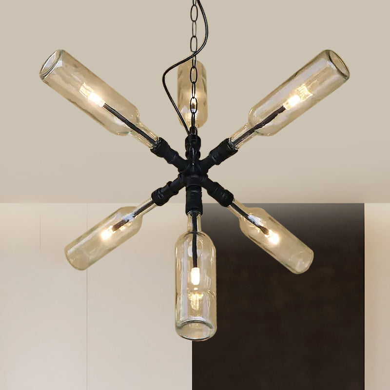 Glass Clear/Blue Pendant Light Bottle Shade 2/4/6 Lights Industrial Style Ceiling Fixture with Pipe Design in Black/Aged Brass Clearhalo 'Ceiling Lights' 'Chandeliers' 'Glass shade' 'Glass' 'Industrial Chandeliers' 'Industrial' 'Middle Century Chandeliers' 'Tiffany' Lighting' 1719648