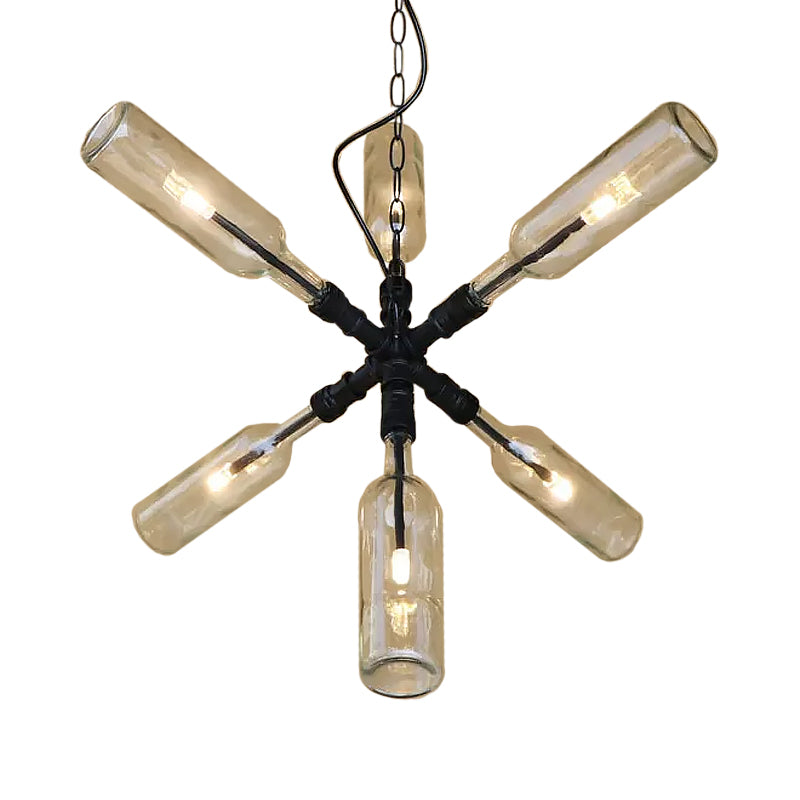 Glass Clear/Blue Pendant Light Bottle Shade 2/4/6 Lights Industrial Style Ceiling Fixture with Pipe Design in Black/Aged Brass Clearhalo 'Ceiling Lights' 'Chandeliers' 'Glass shade' 'Glass' 'Industrial Chandeliers' 'Industrial' 'Middle Century Chandeliers' 'Tiffany' Lighting' 1719650