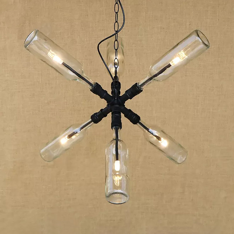 Glass Clear/Blue Pendant Light Bottle Shade 2/4/6 Lights Industrial Style Ceiling Fixture with Pipe Design in Black/Aged Brass Clearhalo 'Ceiling Lights' 'Chandeliers' 'Glass shade' 'Glass' 'Industrial Chandeliers' 'Industrial' 'Middle Century Chandeliers' 'Tiffany' Lighting' 1719651