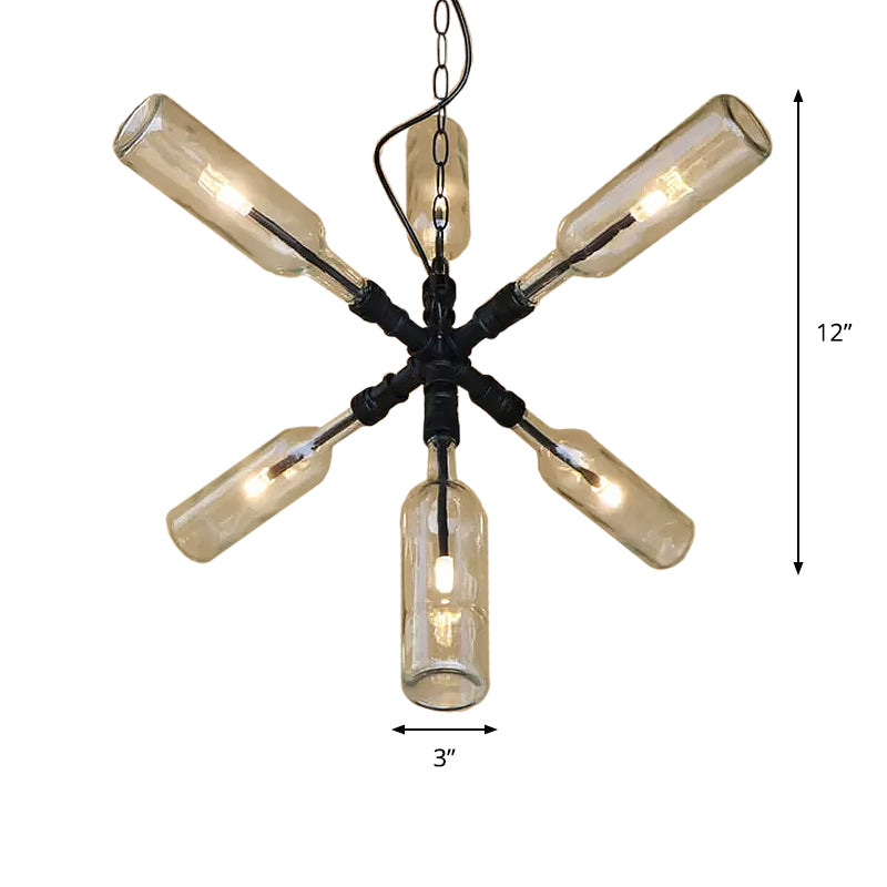 Glass Clear/Blue Pendant Light Bottle Shade 2/4/6 Lights Industrial Style Ceiling Fixture with Pipe Design in Black/Aged Brass Clearhalo 'Ceiling Lights' 'Chandeliers' 'Glass shade' 'Glass' 'Industrial Chandeliers' 'Industrial' 'Middle Century Chandeliers' 'Tiffany' Lighting' 1719652