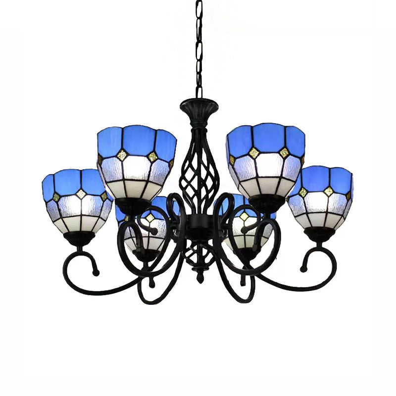 Blue Tiffany Chandelier, 6 Lights Pendant Lighting with Art Glass Bell Shade and Jewel Decoration for Living Room Clearhalo 'Ceiling Lights' 'Chandeliers' 'Industrial' 'Middle Century Chandeliers' 'Tiffany Chandeliers' 'Tiffany close to ceiling' 'Tiffany' Lighting' 171993