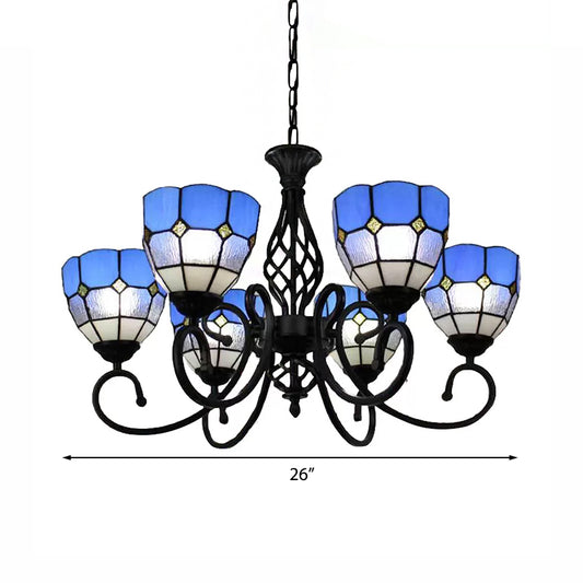 Blue Tiffany Chandelier, 6 Lights Pendant Lighting with Art Glass Bell Shade and Jewel Decoration for Living Room Clearhalo 'Ceiling Lights' 'Chandeliers' 'Industrial' 'Middle Century Chandeliers' 'Tiffany Chandeliers' 'Tiffany close to ceiling' 'Tiffany' Lighting' 171994