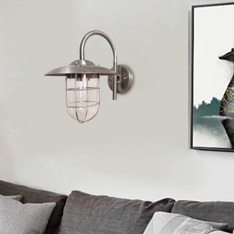 1 Bulb Caged Wall Mounted Light Fixture Coastal Black/Nickel Clear Glass Lighting for Living Room Nickel Clearhalo 'Art deco wall lights' 'Cast Iron' 'Glass' 'Industrial wall lights' 'Industrial' 'Middle century wall lights' 'Modern' 'Rustic wall lights' 'Tiffany' 'Traditional wall lights' 'Wall Lamps & Sconces' 'Wall Lights' Lighting' 172100