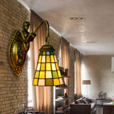 1 Head Wall Light Fixture Tiffany Grid Patterned Blue/Green Glass Sconce Light for Hallway Clearhalo 'Industrial' 'Middle century wall lights' 'Tiffany wall lights' 'Tiffany' 'Wall Lamps & Sconces' 'Wall Lights' Lighting' 172246