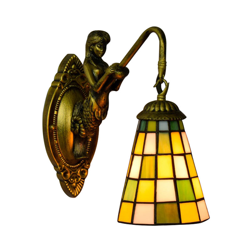 1 Head Wall Light Fixture Tiffany Grid Patterned Blue/Green Glass Sconce Light for Hallway Clearhalo 'Industrial' 'Middle century wall lights' 'Tiffany wall lights' 'Tiffany' 'Wall Lamps & Sconces' 'Wall Lights' Lighting' 172247