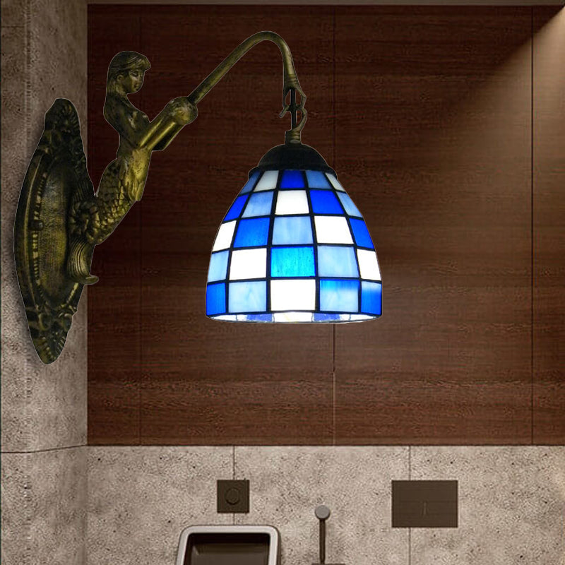 1 Head Wall Light Fixture Tiffany Grid Patterned Blue/Green Glass Sconce Light for Hallway Blue Clearhalo 'Industrial' 'Middle century wall lights' 'Tiffany wall lights' 'Tiffany' 'Wall Lamps & Sconces' 'Wall Lights' Lighting' 172249