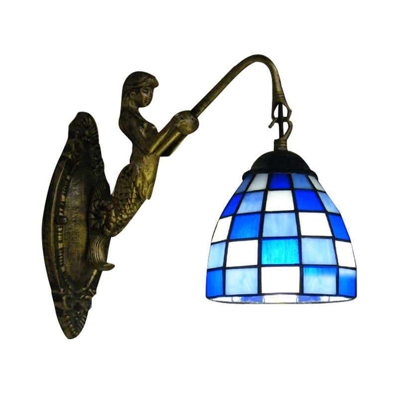 1 Head Wall Light Fixture Tiffany Grid Patterned Blue/Green Glass Sconce Light for Hallway Clearhalo 'Industrial' 'Middle century wall lights' 'Tiffany wall lights' 'Tiffany' 'Wall Lamps & Sconces' 'Wall Lights' Lighting' 172251