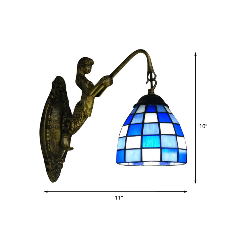 1 Head Wall Light Fixture Tiffany Grid Patterned Blue/Green Glass Sconce Light for Hallway Clearhalo 'Industrial' 'Middle century wall lights' 'Tiffany wall lights' 'Tiffany' 'Wall Lamps & Sconces' 'Wall Lights' Lighting' 172252