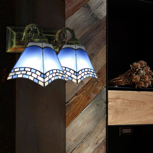 Nautical Pyramid Wall Lighting Stained Glass 2 Lights Vanity Light in Light/Dark Blue for Bathroom Clearhalo 'Industrial' 'Middle century wall lights' 'Tiffany wall lights' 'Tiffany' 'Wall Lamps & Sconces' 'Wall Lights' Lighting' 172254