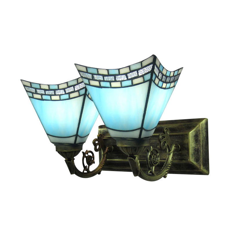 Nautical Pyramid Wall Lighting Stained Glass 2 Lights Vanity Light in Light/Dark Blue for Bathroom Clearhalo 'Industrial' 'Middle century wall lights' 'Tiffany wall lights' 'Tiffany' 'Wall Lamps & Sconces' 'Wall Lights' Lighting' 172259