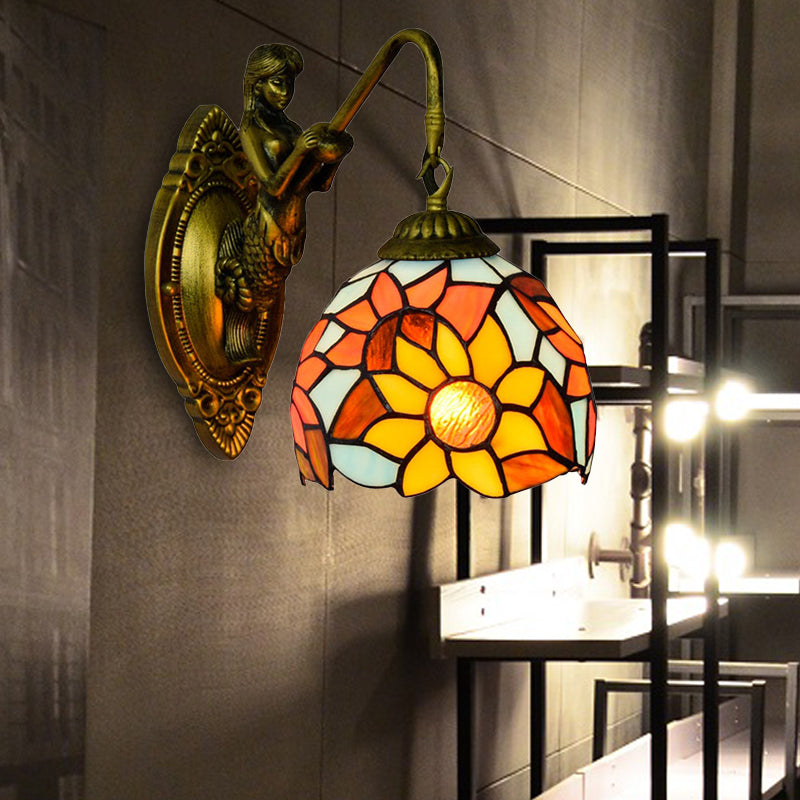 1 Head Wall Mounted Light Fixture Tiffany Dome Orange Glass Sconce Light with Sunflower Pattern Orange Clearhalo 'Industrial' 'Middle century wall lights' 'Tiffany wall lights' 'Tiffany' 'Wall Lamps & Sconces' 'Wall Lights' Lighting' 172264