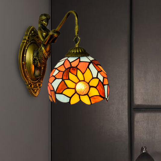 1 Head Wall Mounted Light Fixture Tiffany Dome Orange Glass Sconce Light with Sunflower Pattern Clearhalo 'Industrial' 'Middle century wall lights' 'Tiffany wall lights' 'Tiffany' 'Wall Lamps & Sconces' 'Wall Lights' Lighting' 172265