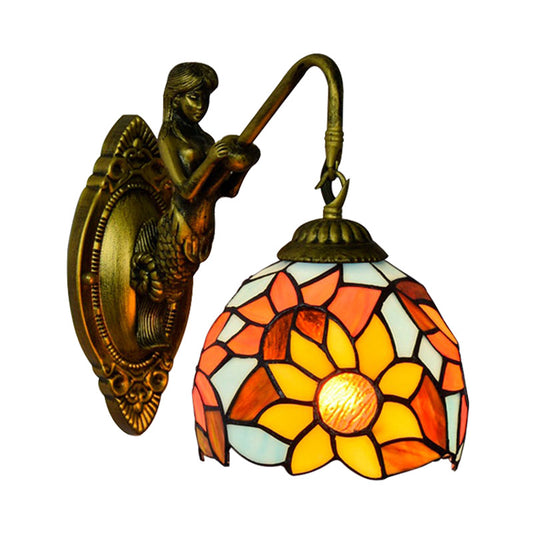 1 Head Wall Mounted Light Fixture Tiffany Dome Orange Glass Sconce Light with Sunflower Pattern Clearhalo 'Industrial' 'Middle century wall lights' 'Tiffany wall lights' 'Tiffany' 'Wall Lamps & Sconces' 'Wall Lights' Lighting' 172266