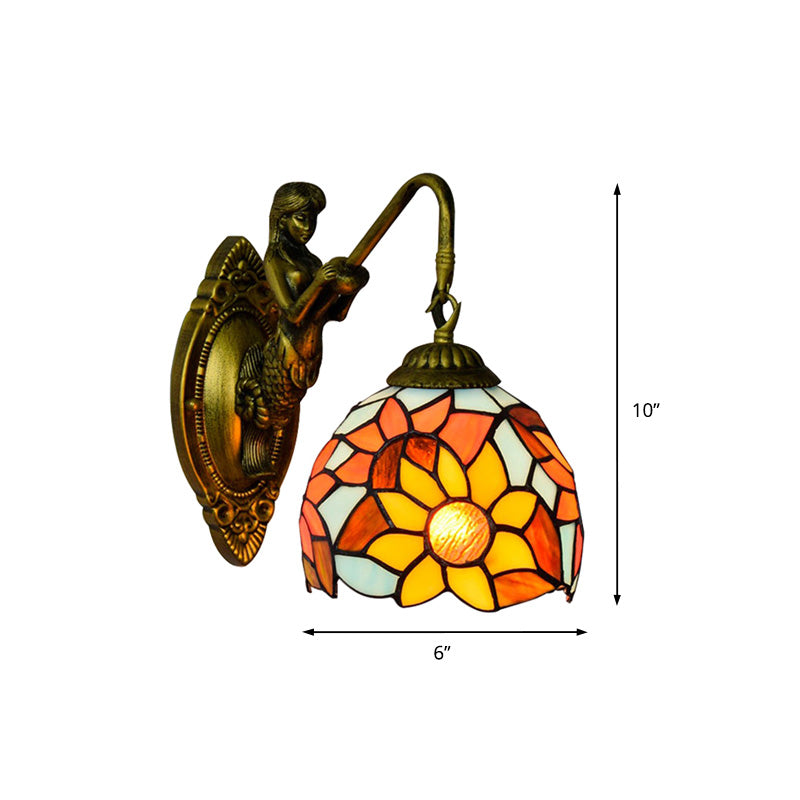 1 Head Wall Mounted Light Fixture Tiffany Dome Orange Glass Sconce Light with Sunflower Pattern Clearhalo 'Industrial' 'Middle century wall lights' 'Tiffany wall lights' 'Tiffany' 'Wall Lamps & Sconces' 'Wall Lights' Lighting' 172267