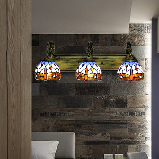 Bronze 3 Heads Wall Mounted Light Baroque Multicolor Stained Glass Dome Sconce Light Bronze Clearhalo 'Industrial' 'Middle century wall lights' 'Tiffany wall lights' 'Tiffany' 'Wall Lamps & Sconces' 'Wall Lights' Lighting' 172268