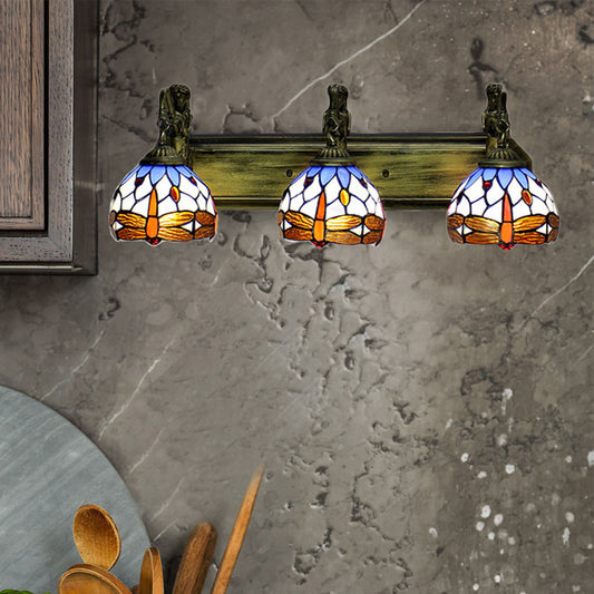 Bronze 3 Heads Wall Mounted Light Baroque Multicolor Stained Glass Dome Sconce Light Clearhalo 'Industrial' 'Middle century wall lights' 'Tiffany wall lights' 'Tiffany' 'Wall Lamps & Sconces' 'Wall Lights' Lighting' 172269
