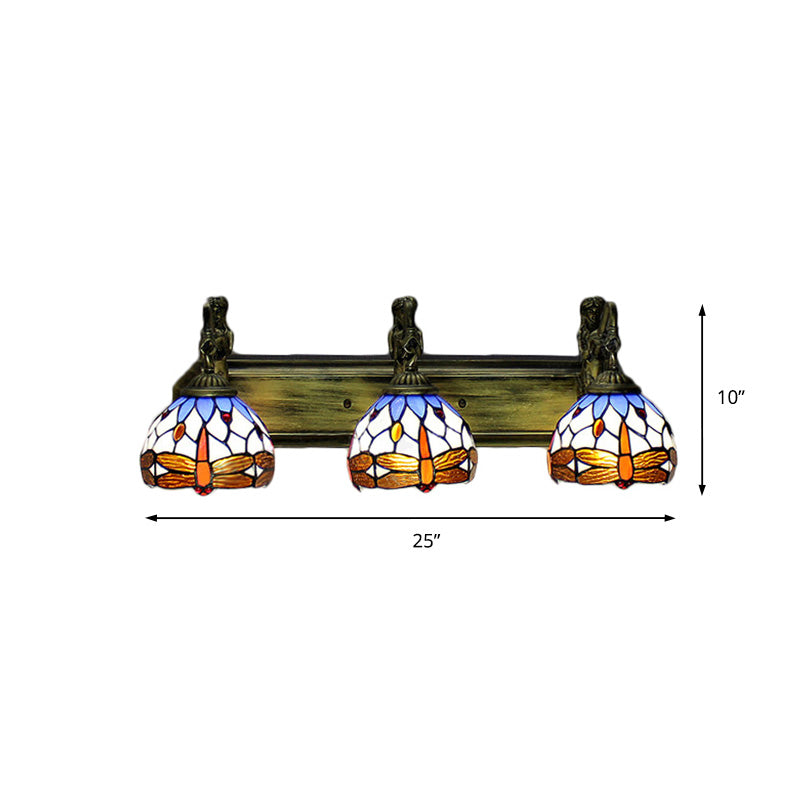 Bronze 3 Heads Wall Mounted Light Baroque Multicolor Stained Glass Dome Sconce Light Clearhalo 'Industrial' 'Middle century wall lights' 'Tiffany wall lights' 'Tiffany' 'Wall Lamps & Sconces' 'Wall Lights' Lighting' 172271
