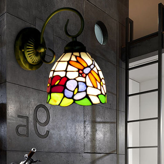Rustic Dragonfly Wall Sconce with Curved Arm 1 Light Stained Glass Wall Lighting in Brass Clearhalo 'Industrial' 'Middle century wall lights' 'Tiffany wall lights' 'Tiffany' 'Wall Lamps & Sconces' 'Wall Lights' Lighting' 172293
