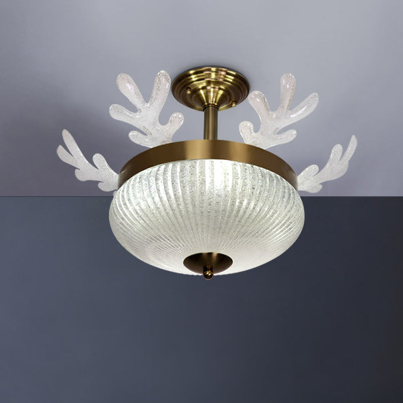 Bowl Prismatic Glass Ceiling Light Nordic 8-Head Gold Semi Flush Mount with Antler Design Clearhalo 'Ceiling Lights' 'Close To Ceiling Lights' 'Close to ceiling' 'Semi-flushmount' Lighting' 1722992