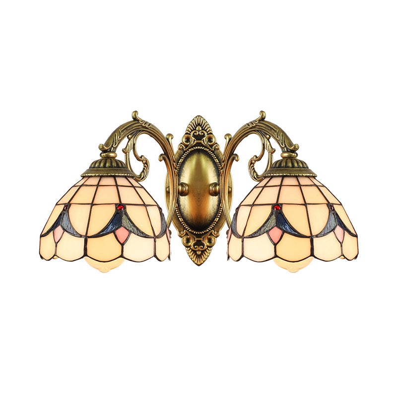 2 Lights Dome Wall Lamp with Magnolia White/Beige Glass Tiffany Sconce Light for Living Room Clearhalo 'Industrial' 'Middle century wall lights' 'Tiffany wall lights' 'Tiffany' 'Wall Lamps & Sconces' 'Wall Lights' Lighting' 172313
