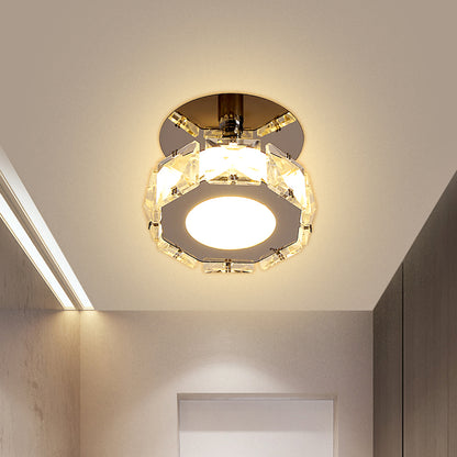 Chrome LED Square/Round Ceiling Fixture Modernist Crystal Block Semi Mount Lighting in Warm/White Light Chrome Round Clearhalo 'Ceiling Lights' 'Close To Ceiling Lights' 'Close to ceiling' 'Semi-flushmount' Lighting' 1723153