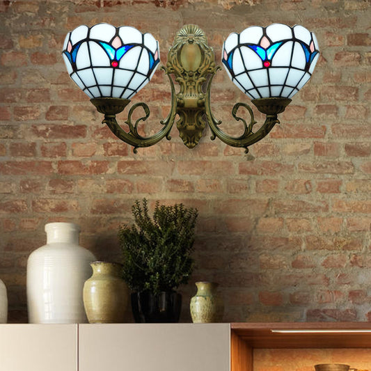 2 Lights Dome Wall Lamp with Magnolia White/Beige Glass Tiffany Sconce Light for Living Room White Clearhalo 'Industrial' 'Middle century wall lights' 'Tiffany wall lights' 'Tiffany' 'Wall Lamps & Sconces' 'Wall Lights' Lighting' 172316