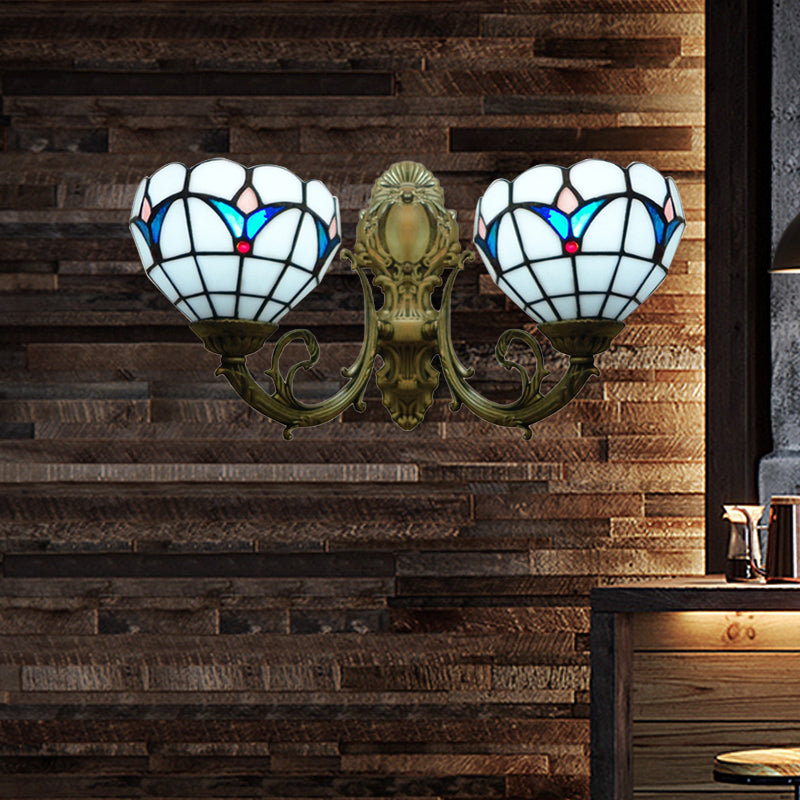 2 Lights Dome Wall Lamp with Magnolia White/Beige Glass Tiffany Sconce Light for Living Room Clearhalo 'Industrial' 'Middle century wall lights' 'Tiffany wall lights' 'Tiffany' 'Wall Lamps & Sconces' 'Wall Lights' Lighting' 172317