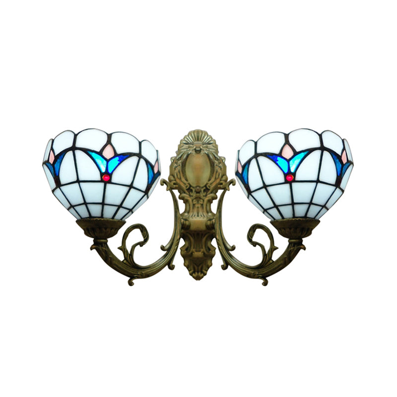 2 Lights Dome Wall Lamp with Magnolia White/Beige Glass Tiffany Sconce Light for Living Room Clearhalo 'Industrial' 'Middle century wall lights' 'Tiffany wall lights' 'Tiffany' 'Wall Lamps & Sconces' 'Wall Lights' Lighting' 172318