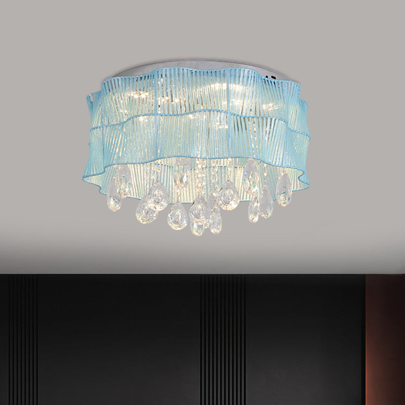 Flower Bedroom Flushmount Lighting Fabric LED Minimalist Ceiling Mounted Light with Crystal Strands in Pink/Blue Clearhalo 'Ceiling Lights' 'Close To Ceiling Lights' 'Close to ceiling' 'Flush mount' Lighting' 1723190