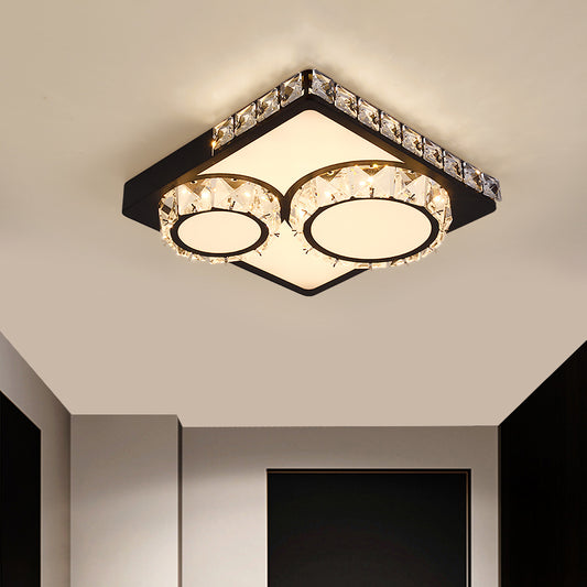 Simple LED Close to Ceiling Lamp Black Round/Square Flush Mount Light with Crystal Block Shade Black Round Clearhalo 'Ceiling Lights' 'Close To Ceiling Lights' 'Close to ceiling' 'Flush mount' Lighting' 1723213