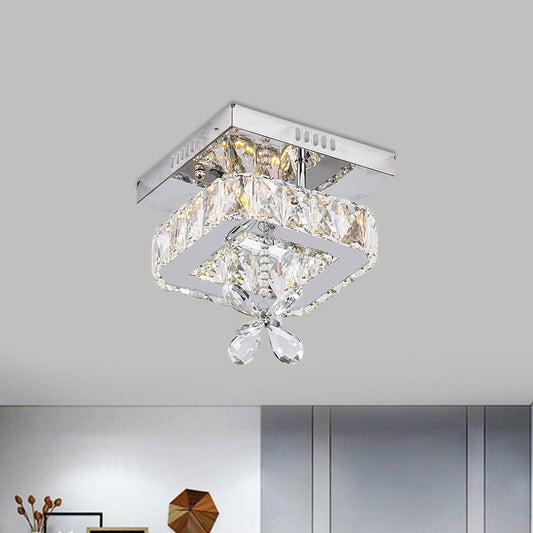Square Beveled Crystal Semi Flush Mount Contemporary 8"/12" Wide LED Chrome Ceiling Fixture with Floret Design Chrome 8" Clearhalo 'Ceiling Lights' 'Close To Ceiling Lights' 'Close to ceiling' 'Semi-flushmount' Lighting' 1723253