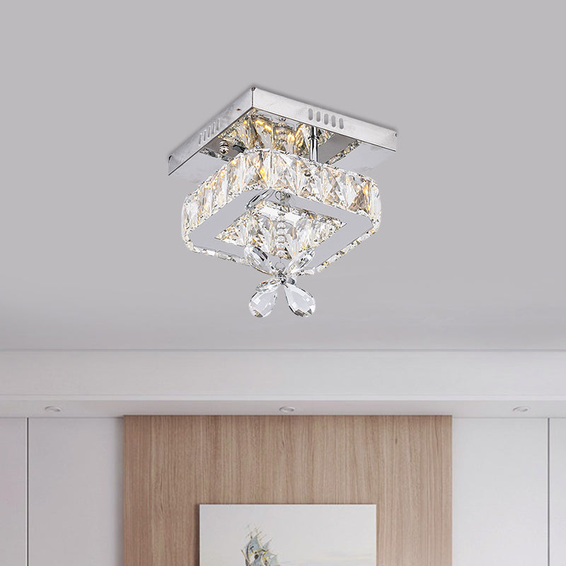 Square Beveled Crystal Semi Flush Mount Contemporary 8"/12" Wide LED Chrome Ceiling Fixture with Floret Design Clearhalo 'Ceiling Lights' 'Close To Ceiling Lights' 'Close to ceiling' 'Semi-flushmount' Lighting' 1723254