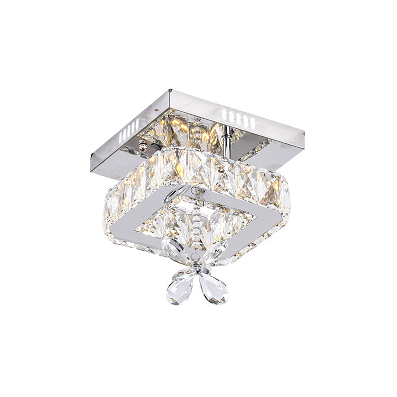 Square Beveled Crystal Semi Flush Mount Contemporary 8"/12" Wide LED Chrome Ceiling Fixture with Floret Design Clearhalo 'Ceiling Lights' 'Close To Ceiling Lights' 'Close to ceiling' 'Semi-flushmount' Lighting' 1723255