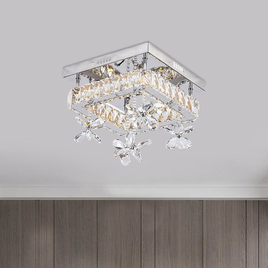 Square Beveled Crystal Semi Flush Mount Contemporary 8"/12" Wide LED Chrome Ceiling Fixture with Floret Design Chrome 12" Clearhalo 'Ceiling Lights' 'Close To Ceiling Lights' 'Close to ceiling' 'Semi-flushmount' Lighting' 1723257