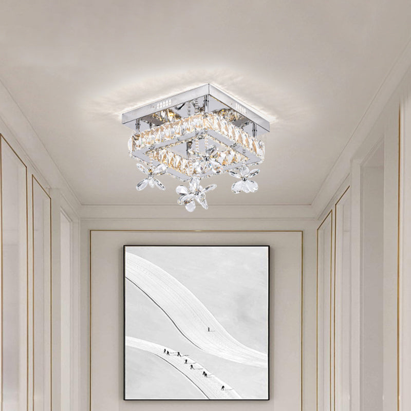 Square Beveled Crystal Semi Flush Mount Contemporary 8"/12" Wide LED Chrome Ceiling Fixture with Floret Design Clearhalo 'Ceiling Lights' 'Close To Ceiling Lights' 'Close to ceiling' 'Semi-flushmount' Lighting' 1723258