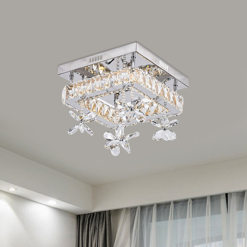 Square Beveled Crystal Semi Flush Mount Contemporary 8"/12" Wide LED Chrome Ceiling Fixture with Floret Design Clearhalo 'Ceiling Lights' 'Close To Ceiling Lights' 'Close to ceiling' 'Semi-flushmount' Lighting' 1723259