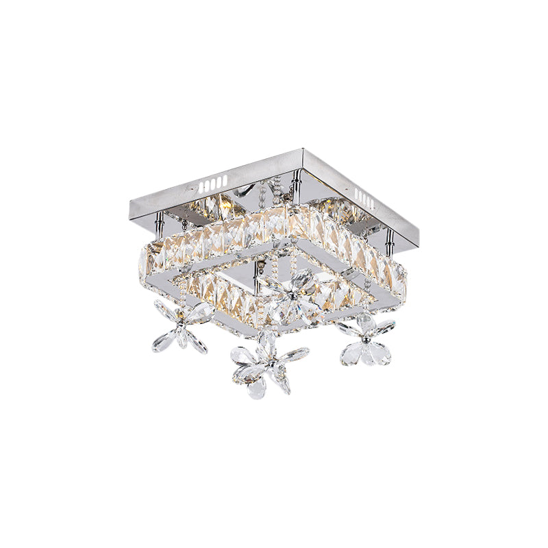 Square Beveled Crystal Semi Flush Mount Contemporary 8"/12" Wide LED Chrome Ceiling Fixture with Floret Design Clearhalo 'Ceiling Lights' 'Close To Ceiling Lights' 'Close to ceiling' 'Semi-flushmount' Lighting' 1723260