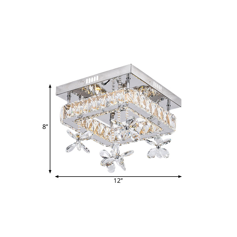 Square Beveled Crystal Semi Flush Mount Contemporary 8"/12" Wide LED Chrome Ceiling Fixture with Floret Design Clearhalo 'Ceiling Lights' 'Close To Ceiling Lights' 'Close to ceiling' 'Semi-flushmount' Lighting' 1723261