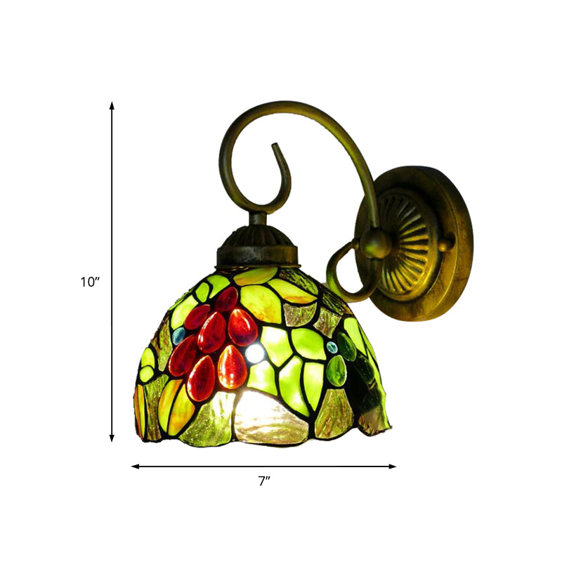Light Green Glass Dome Wall Light Fixture Tiffany 1 Head Antique Bronze Sconce Light with Arc/Curved Arm Clearhalo 'Industrial' 'Middle century wall lights' 'Tiffany wall lights' 'Tiffany' 'Wall Lamps & Sconces' 'Wall Lights' Lighting' 172342