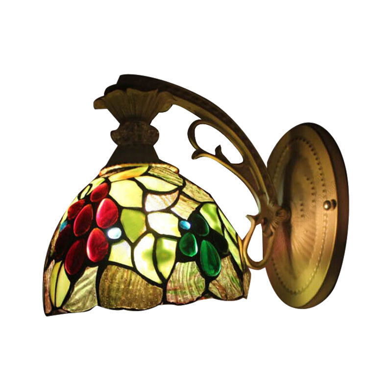 Light Green Glass Dome Wall Light Fixture Tiffany 1 Head Antique Bronze Sconce Light with Arc/Curved Arm Clearhalo 'Industrial' 'Middle century wall lights' 'Tiffany wall lights' 'Tiffany' 'Wall Lamps & Sconces' 'Wall Lights' Lighting' 172345
