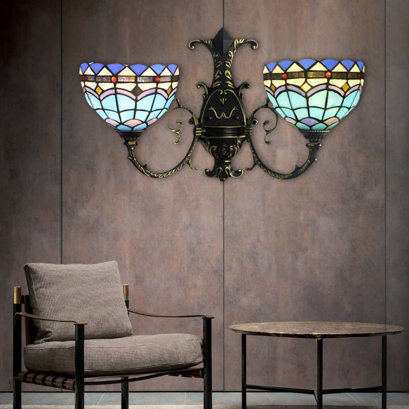 Mediterranean Bowl Wall Sconce with Curved Arm Stained Glass 2 Lights Wall Lamp in Blue Clearhalo 'Industrial' 'Middle century wall lights' 'Tiffany wall lights' 'Tiffany' 'Wall Lamps & Sconces' 'Wall Lights' Lighting' 172348