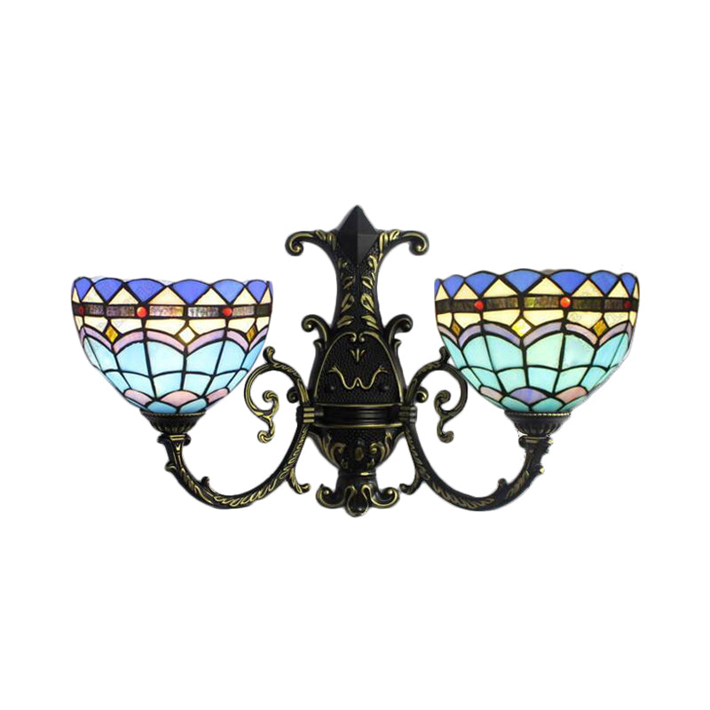 Mediterranean Bowl Wall Sconce with Curved Arm Stained Glass 2 Lights Wall Lamp in Blue Clearhalo 'Industrial' 'Middle century wall lights' 'Tiffany wall lights' 'Tiffany' 'Wall Lamps & Sconces' 'Wall Lights' Lighting' 172349