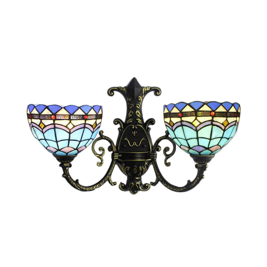 Mediterranean Bowl Wall Sconce with Curved Arm Stained Glass 2 Lights Wall Lamp in Blue Clearhalo 'Industrial' 'Middle century wall lights' 'Tiffany wall lights' 'Tiffany' 'Wall Lamps & Sconces' 'Wall Lights' Lighting' 172349