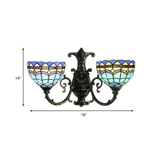 Mediterranean Bowl Wall Sconce with Curved Arm Stained Glass 2 Lights Wall Lamp in Blue Clearhalo 'Industrial' 'Middle century wall lights' 'Tiffany wall lights' 'Tiffany' 'Wall Lamps & Sconces' 'Wall Lights' Lighting' 172350