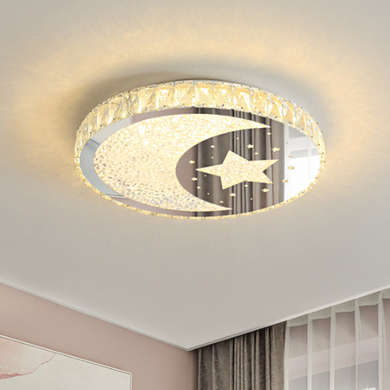 Stainless-Steel LED Round Flushmount Contemporary Cut Crystal Ceiling Mounted Light with Moon and Star Design Stainless-Steel Clearhalo 'Ceiling Lights' 'Close To Ceiling Lights' 'Close to ceiling' 'Flush mount' Lighting' 1723574