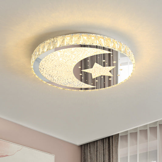 Stainless-Steel LED Round Flushmount Contemporary Cut Crystal Ceiling Mounted Light with Moon and Star Design Stainless-Steel Clearhalo 'Ceiling Lights' 'Close To Ceiling Lights' 'Close to ceiling' 'Flush mount' Lighting' 1723574