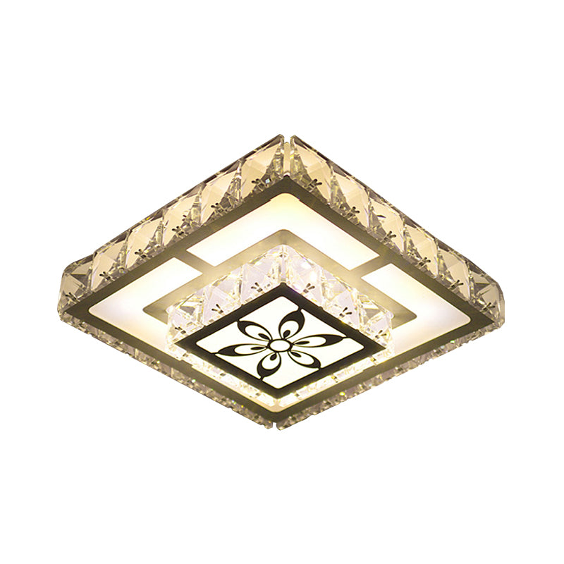Modernist Round/Square Flush Light Beveled Crystal LED Corridor Ceiling Fixture in White with Flower Pattern, Warm/White Light Clearhalo 'Ceiling Lights' 'Close To Ceiling Lights' 'Close to ceiling' 'Flush mount' Lighting' 1723821