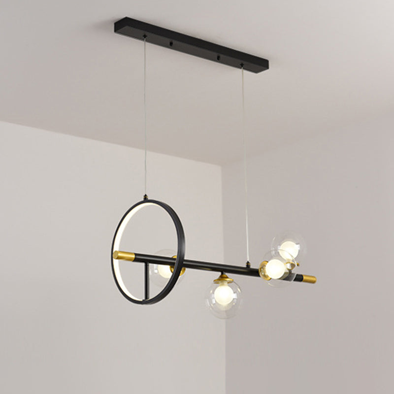 Simple Molecular Island Chandelier Clear Glass 4/6-Light Dining Room Pendant Light Fixture in Black with Metal Ring Deco 4 Black Clearhalo 'Ceiling Lights' 'Island Lights' Lighting' 1724044