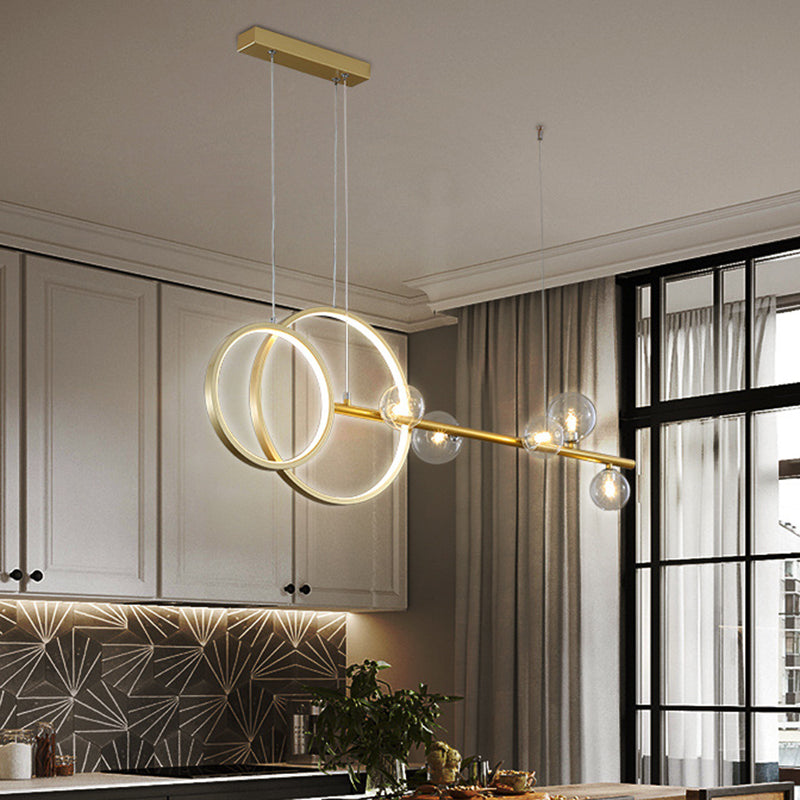 Clear Glass Sphere Island Light Fixture Simple 5 Heads LED Hanging Lamp Kit in Gold with Metal Circle Design Clearhalo 'Ceiling Lights' 'Island Lights' Lighting' 1724054